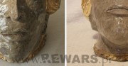 ceramiczna głowa - I poł. XX wieku [po lewej stan przed konserwacją, pośrodku stan w trakcie konserwacji, po prawej stan po konserwacji]