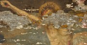 Skrzynia cechowa z Kalisza - 1727 r., polichromowana spodnia strona wieka skrzyni [od góry: stan przed, w trakcie oraz po konserwacji i restauracji]